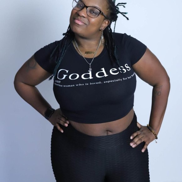 Women Goddess Print Crop Top Tee Shirt Black - Picture 4 of 4